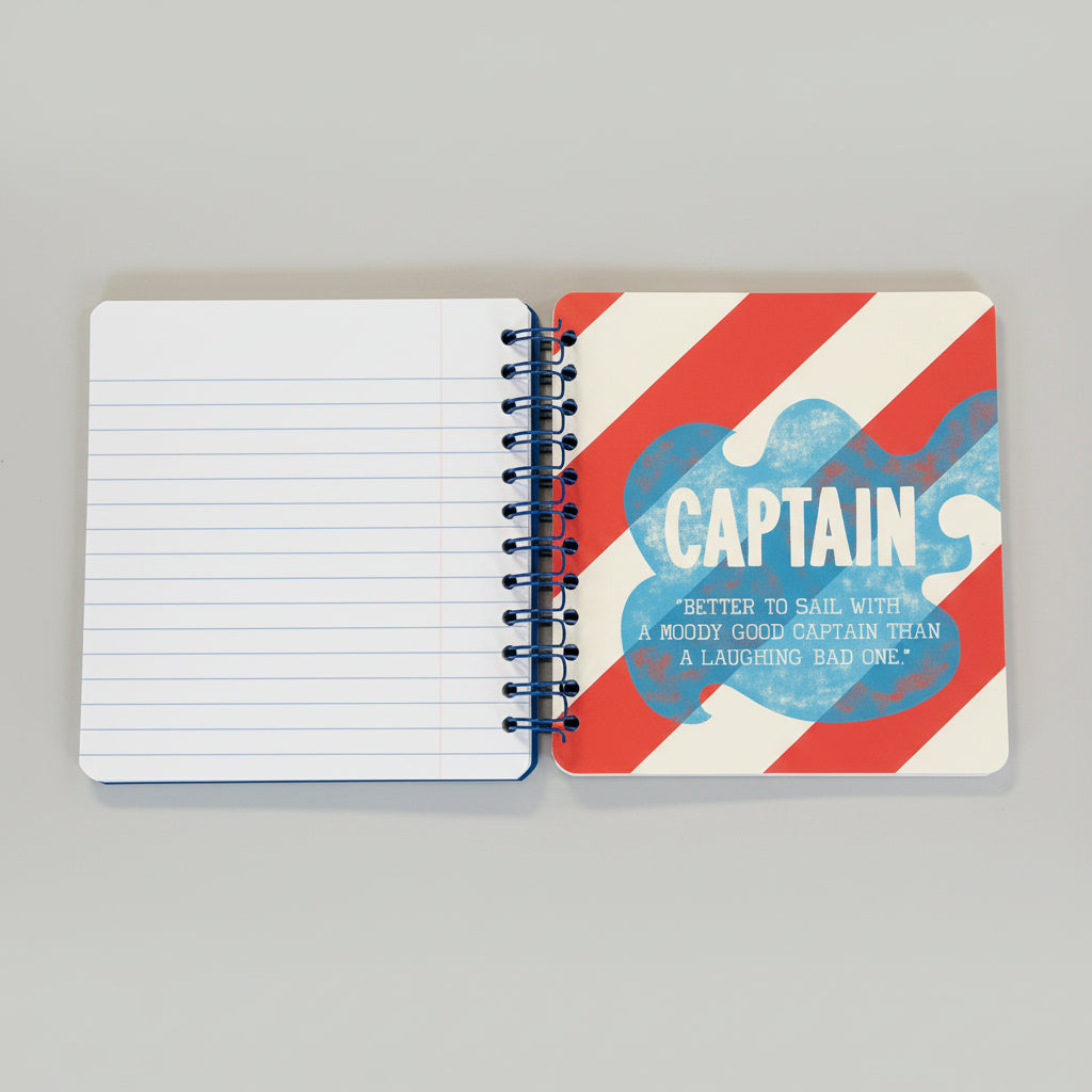 Notebook with a red and white striped cover featuring the word 'Captain' on a green background