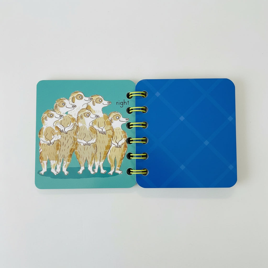 Inside cover of notebook with meercats looking right