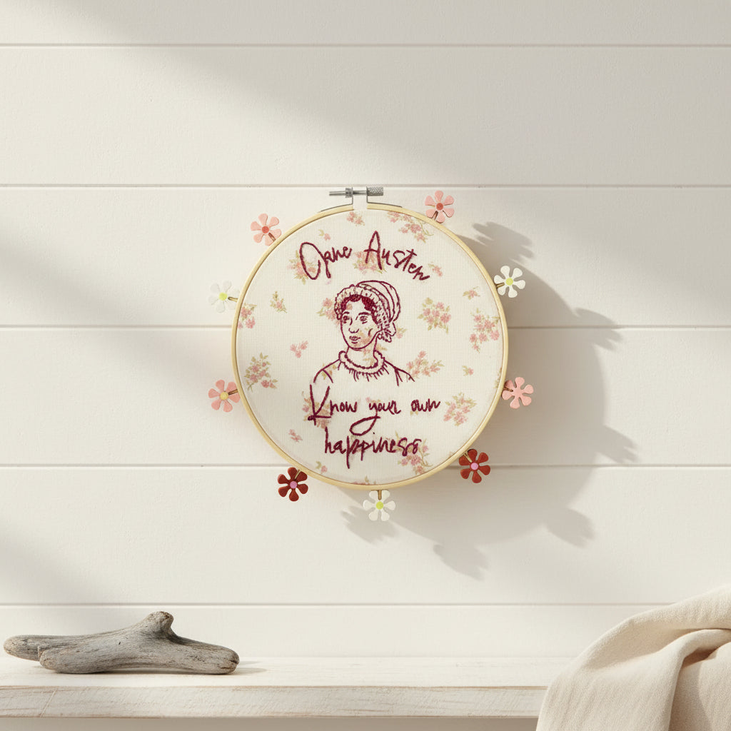 Hand embroidered Jane Austen hoop with daisies
