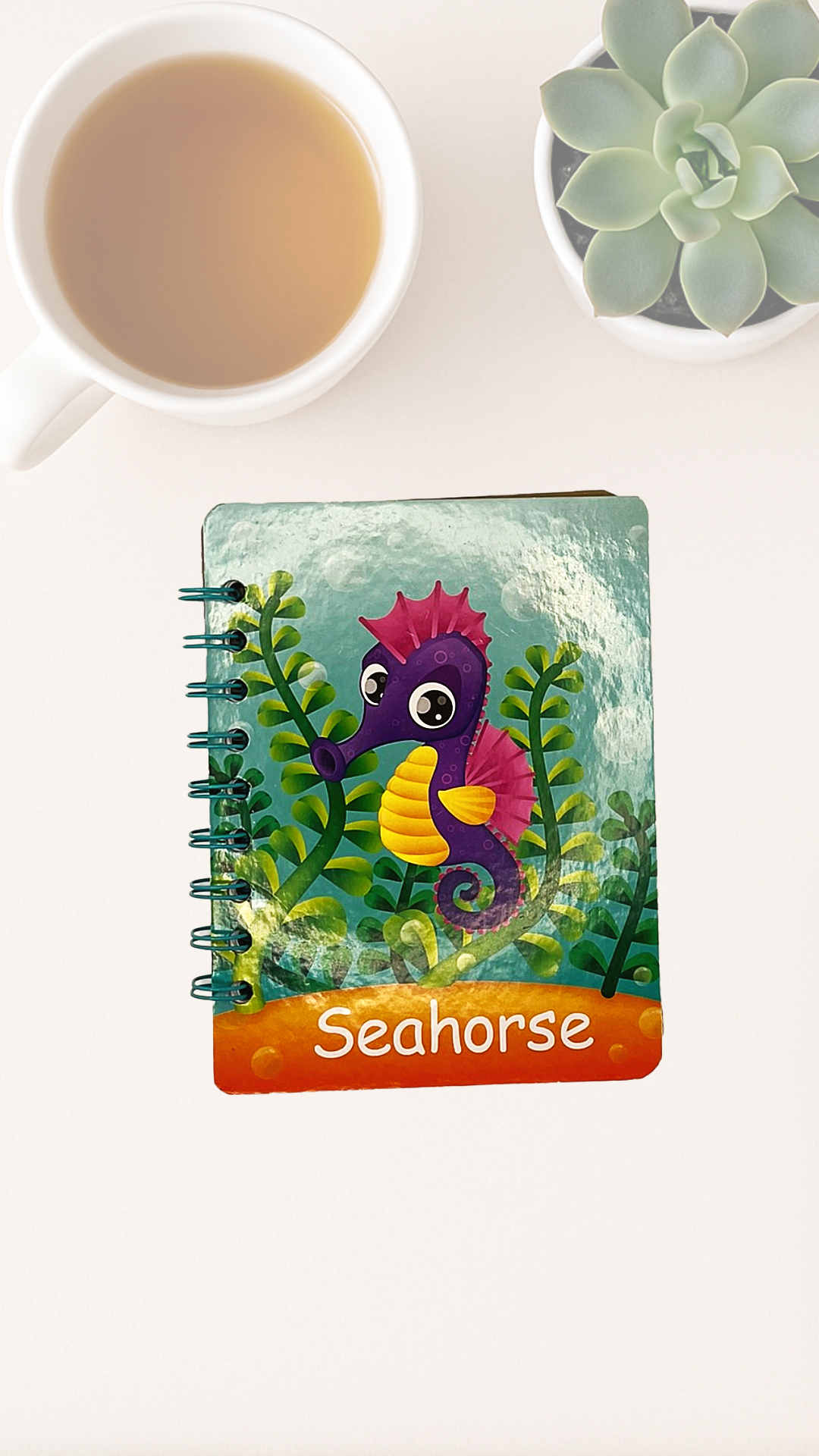 Thrifted Children’s Board Book Journal – Seahorse Cover, Spiral Coil Binding, Clownfish Pages, College-Ruled Notebook