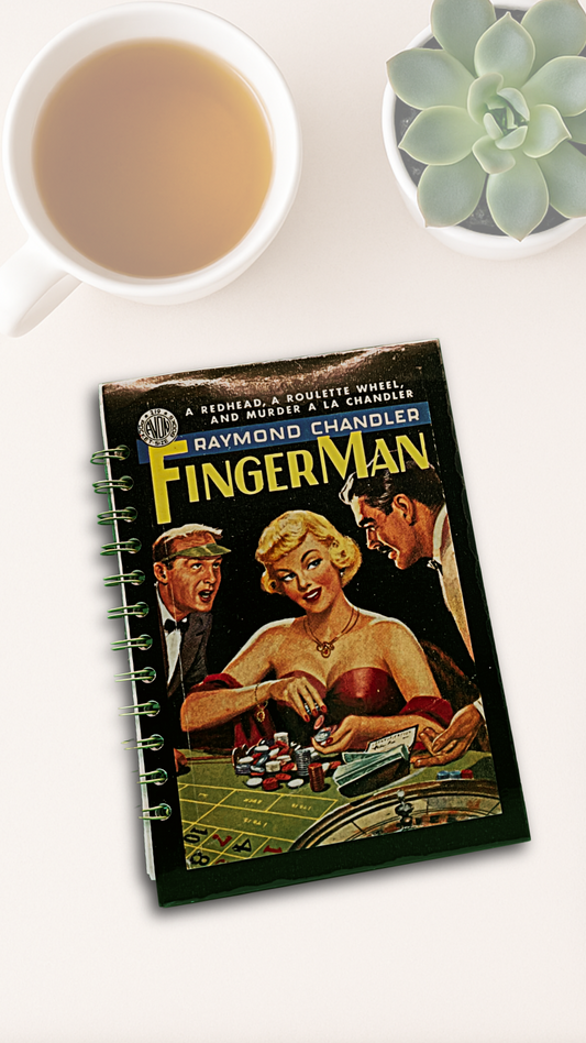 Finger Man Journal – Upcycled Raymond Chandler Postcard Spiral Notebook with Graph Paper