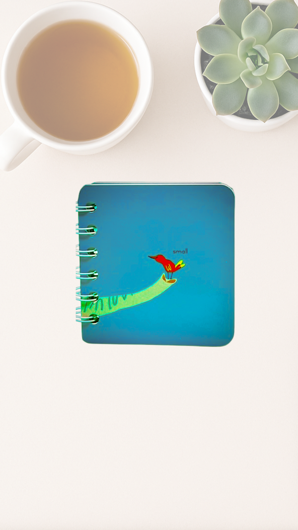 Small notebook with a colorful blue cover design with a bird on an elephant trunk that says "small"