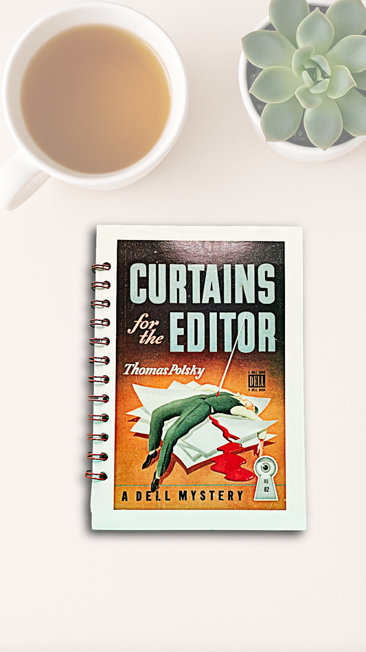 Curtains for the Editor Journal – Upcycled Thomas Polsky Postcard Spiral Notebook with Graph Paper