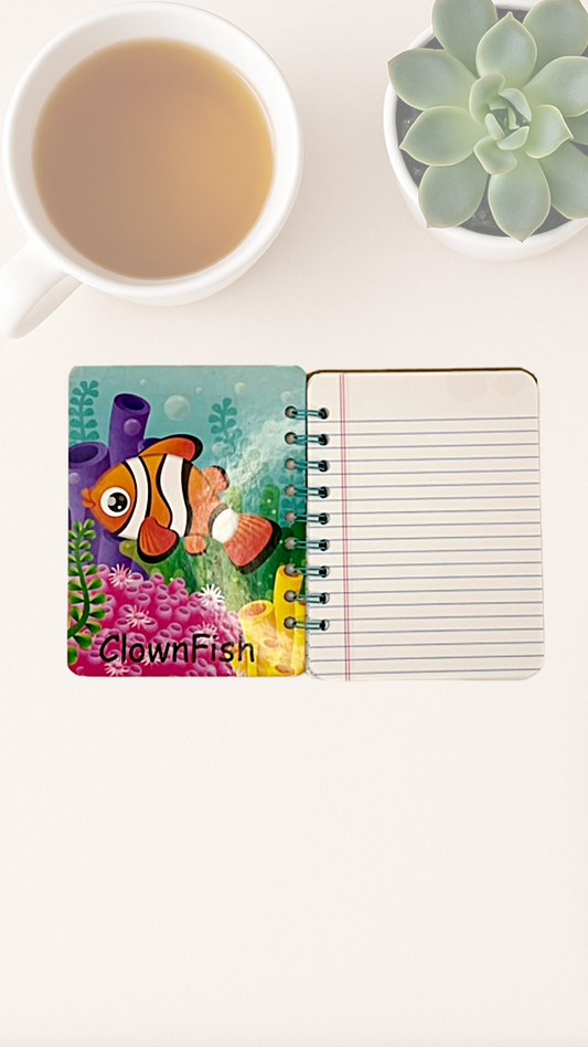 Thrifted Children’s Board Book Journal – Seahorse Cover, Spiral Coil Binding, Clownfish Pages, College-Ruled Notebook