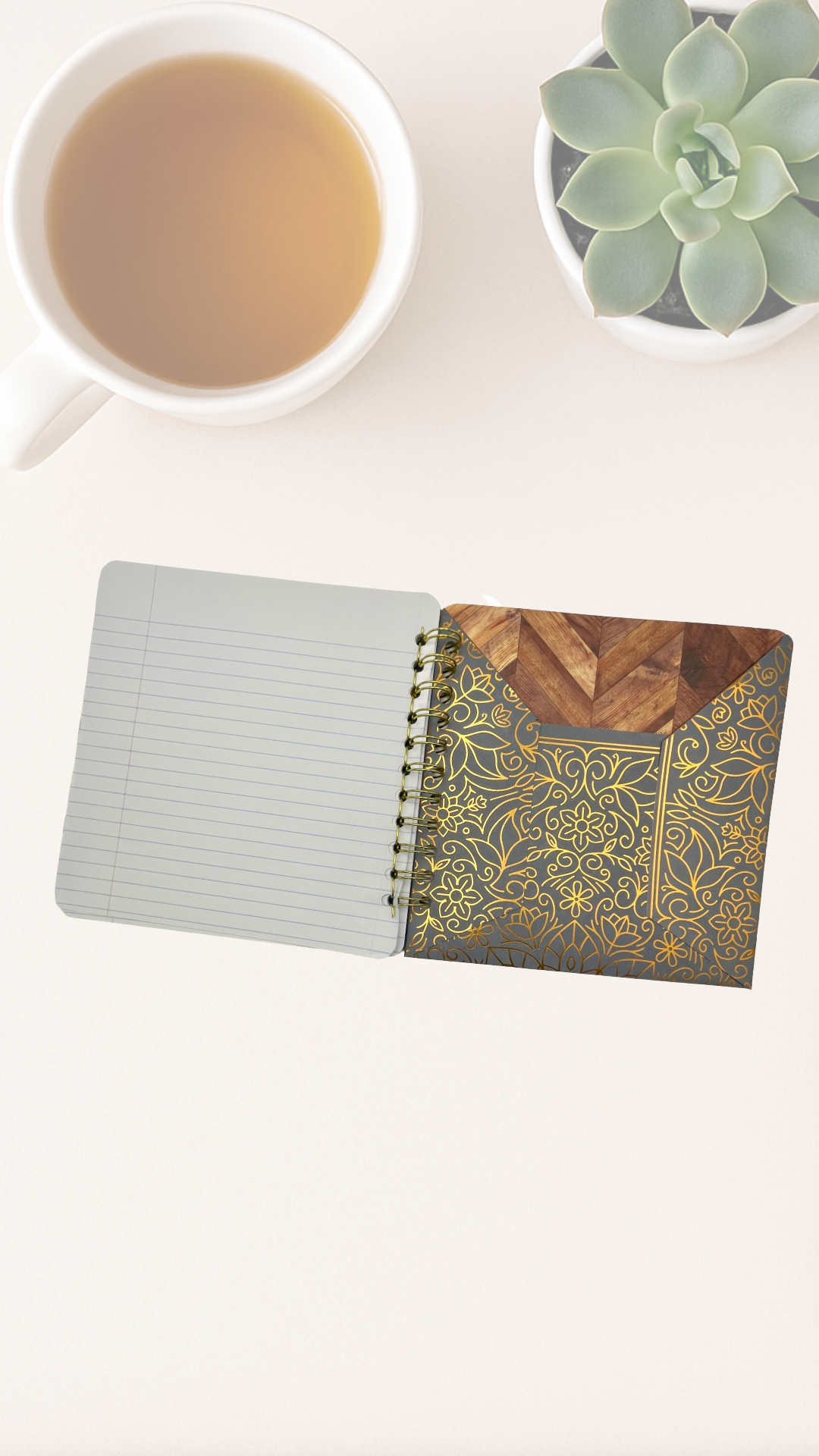 Open notebook with decorative cover inside cover pocket
