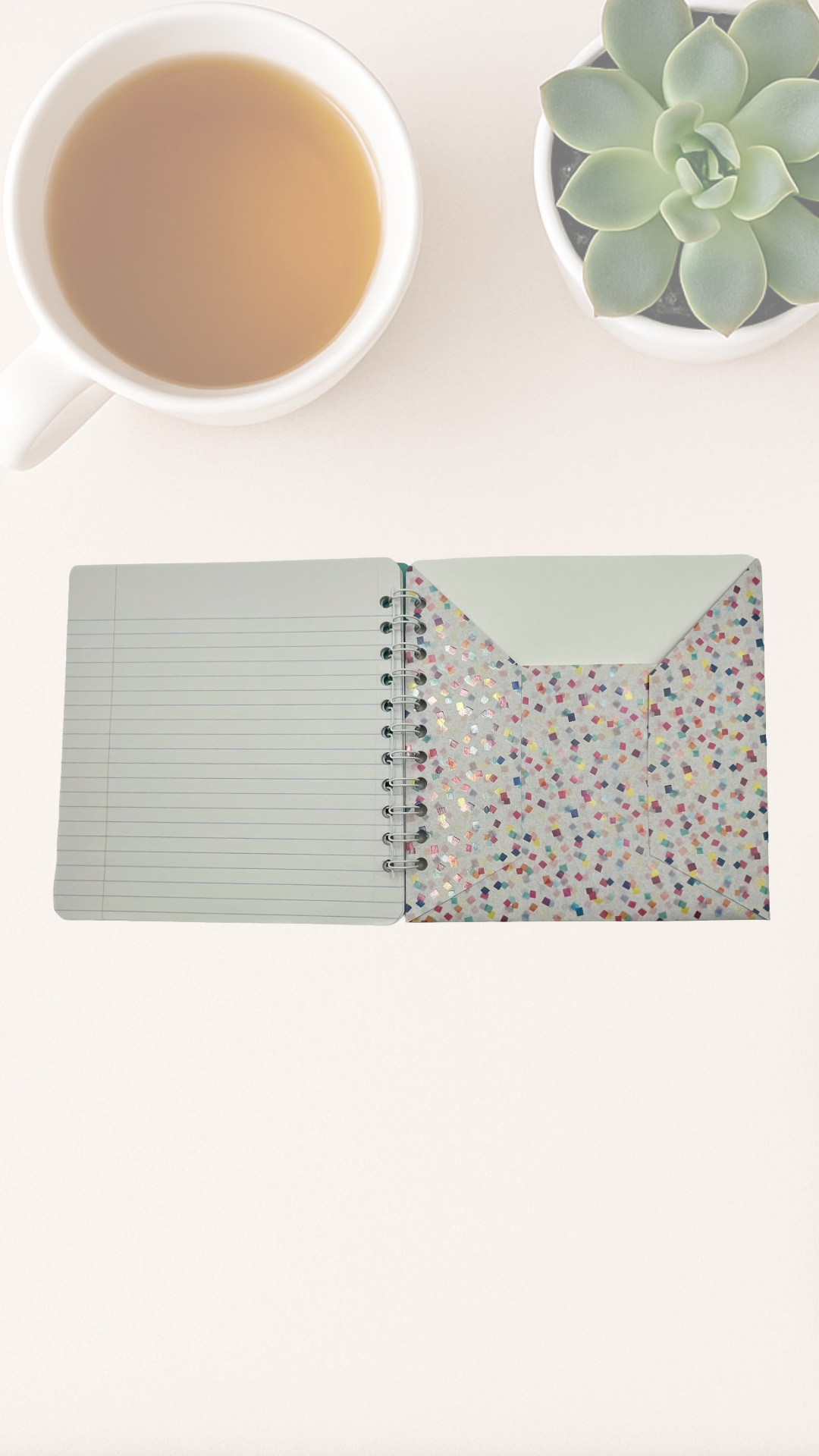 Open notebook with lined pages and inside cover pocket with confetti print inside cover pages next to a cup of tea and a succulent plant on a white surface.