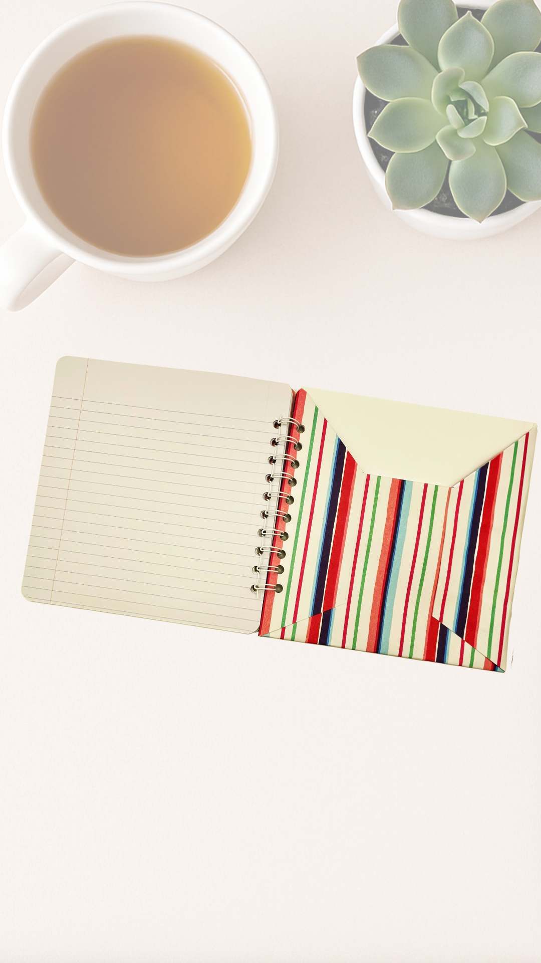 Notebook with striped cover, cup of tea, and succulent on a white surface