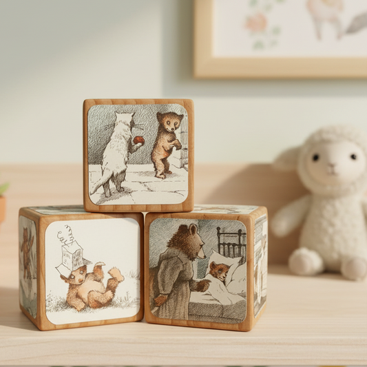 Wooden blocks with illustrated bear scenes on a white background