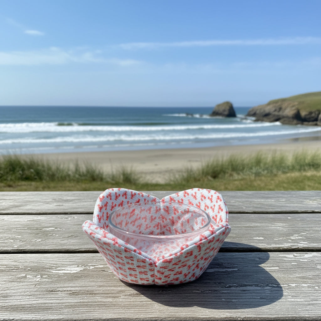 Clear glass bowl inside a lobster patterned bowl cozy