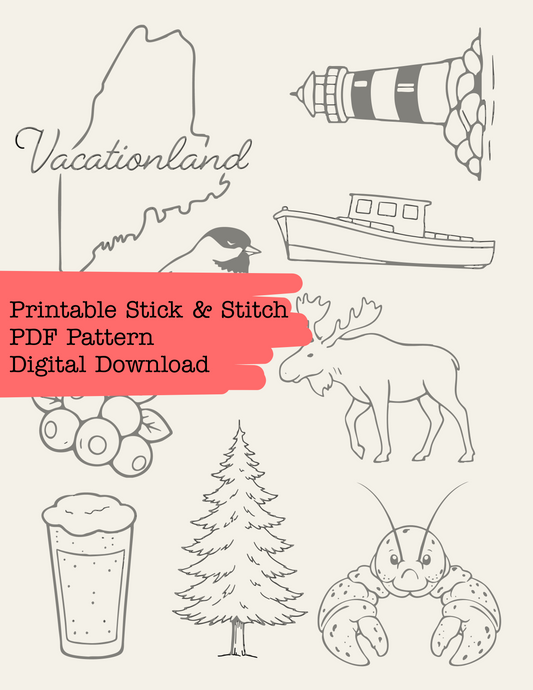 Maine Vacationland 9 Design Pack for Hand Embroidery PDF, Digital Download