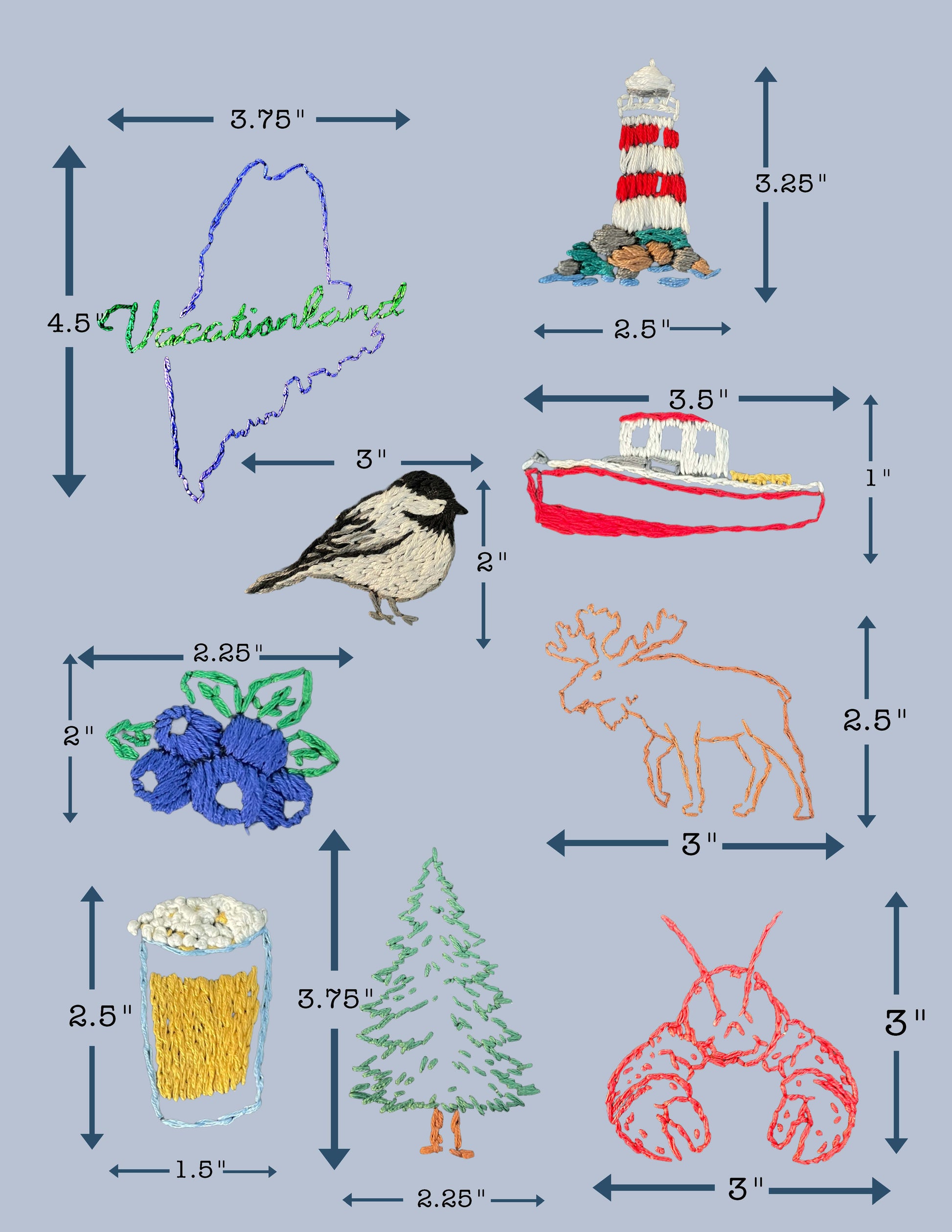 Collection of embroidered designs with measurements on a blue background