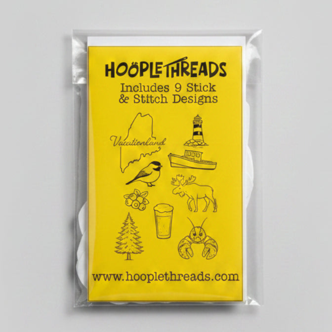 Packaging of Hoople Threads with illustrations and text on a brown background