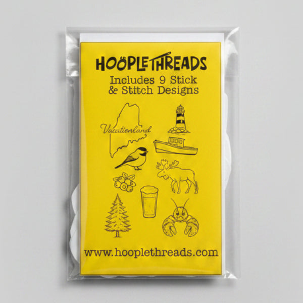 Packaging of Hoople Threads with illustrations and text on a brown background
