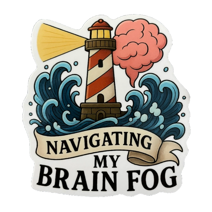 Sticker with a lighthouse, brain, and waves with text 'Navigating my brain fog' on a white background.