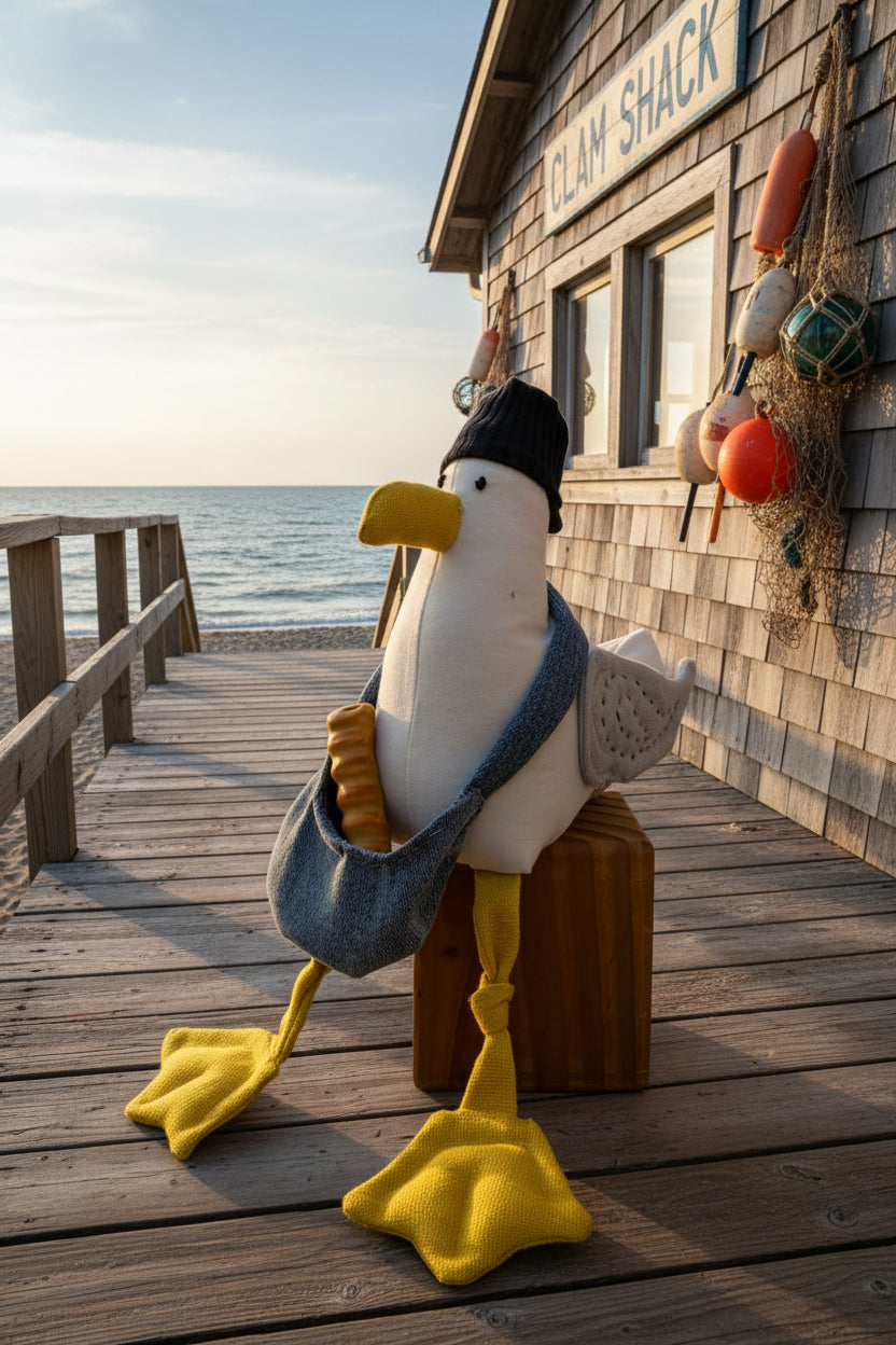 A plush seagull toy sitting on a small block at a clam shack  with a a white body, yellow beak and feet, a gray-blue backpack, and a dark navy knit hat.