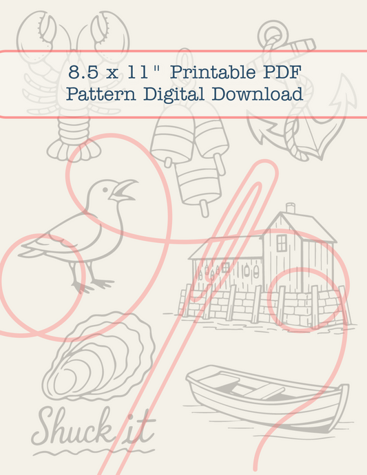 Nautical-themed pattern with boat, house, bird, and shell on a light gray background.