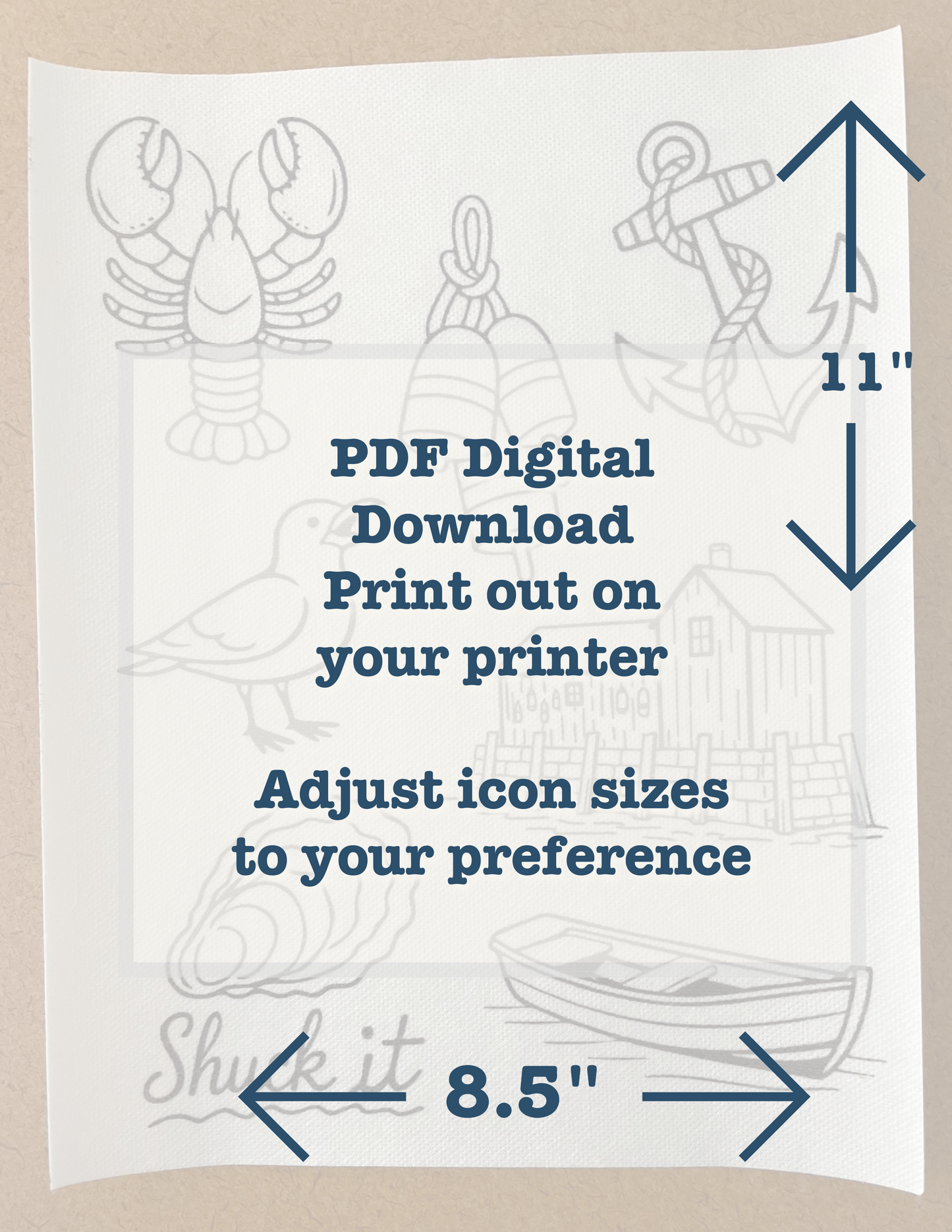 Sheet of nautical-themed icons with text on a beige background