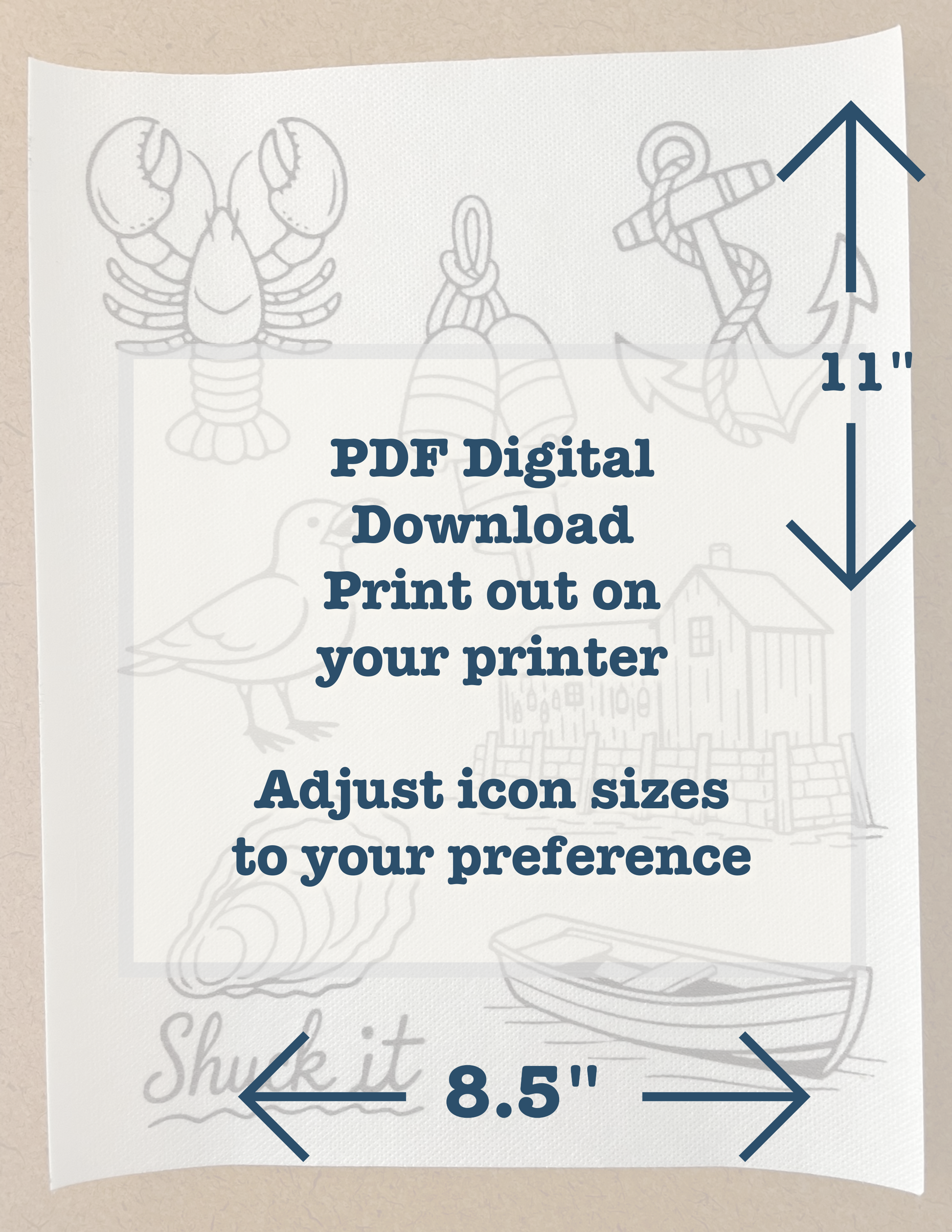 Sheet of nautical-themed icons with text on a beige background