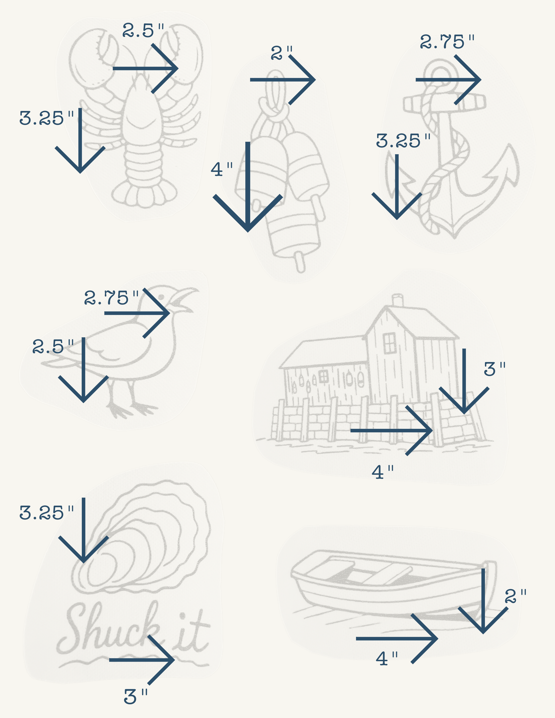 Illustrations of a lobster, shell, house, and boat with measurements indicated by arrows on a white background.