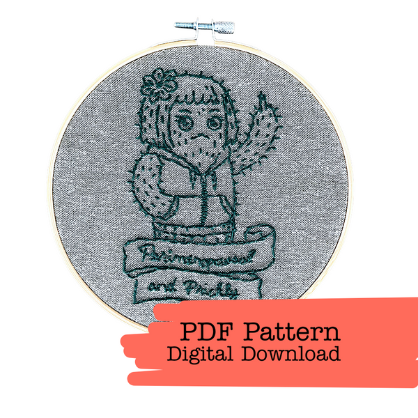 Embroidery hoop with a cartoon character design and text 'Persevered and Picked' on gray fabric, with a red banner at the bottom indicating a digital download option.