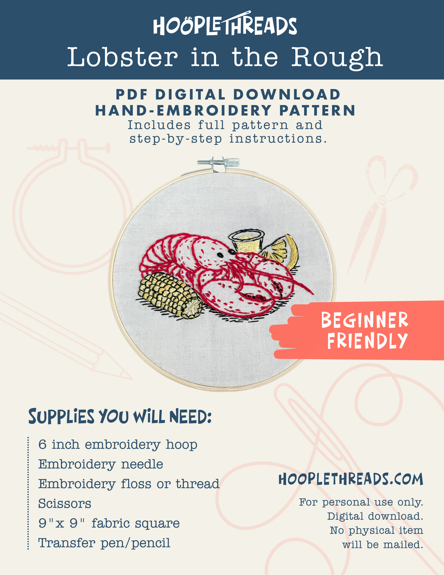Lobster in the Rough Hand Embroidery Pattern PDF download