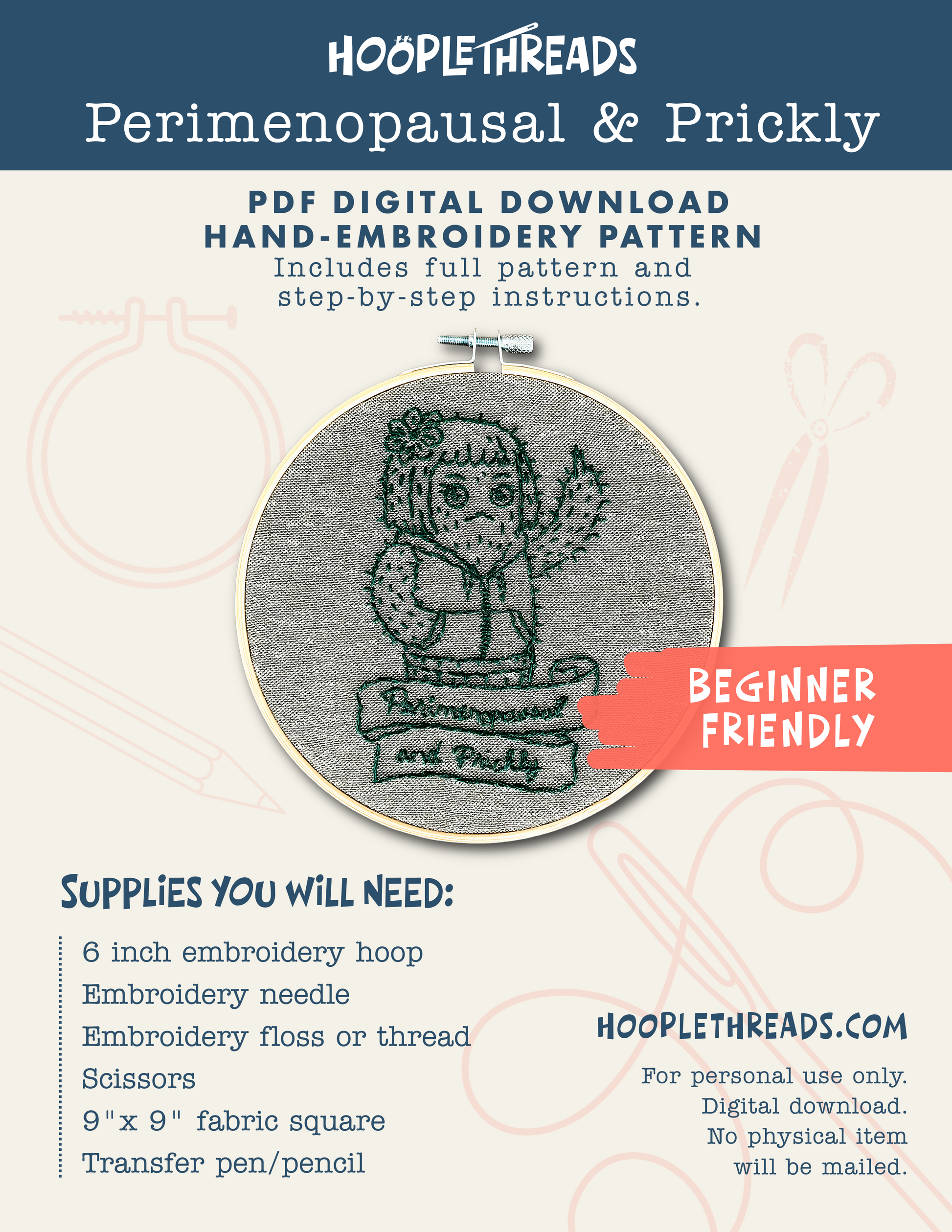 Embroidery pattern with cactus design and text about Hooplethreads digital download.