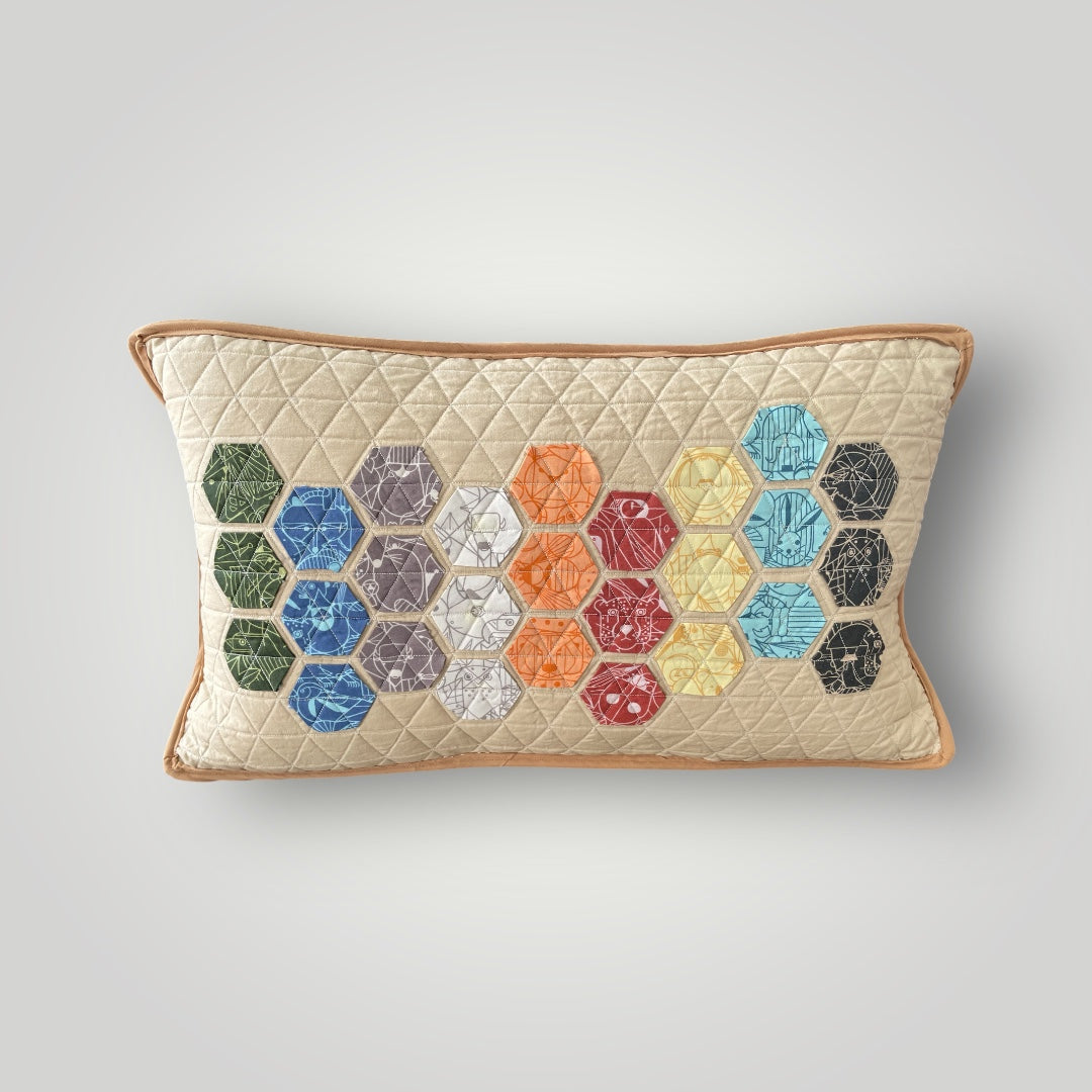 Charley Harper Quilted pillow with hexagonal Endpapers pattern with khaki trim