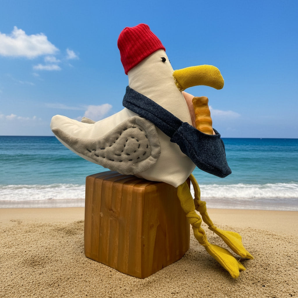 A plush toy seagull sitting on a wooden block against a blue backdrop. The plush has a white body, yellow beak and legs, a red knit hat, and a dark blue denim bag.