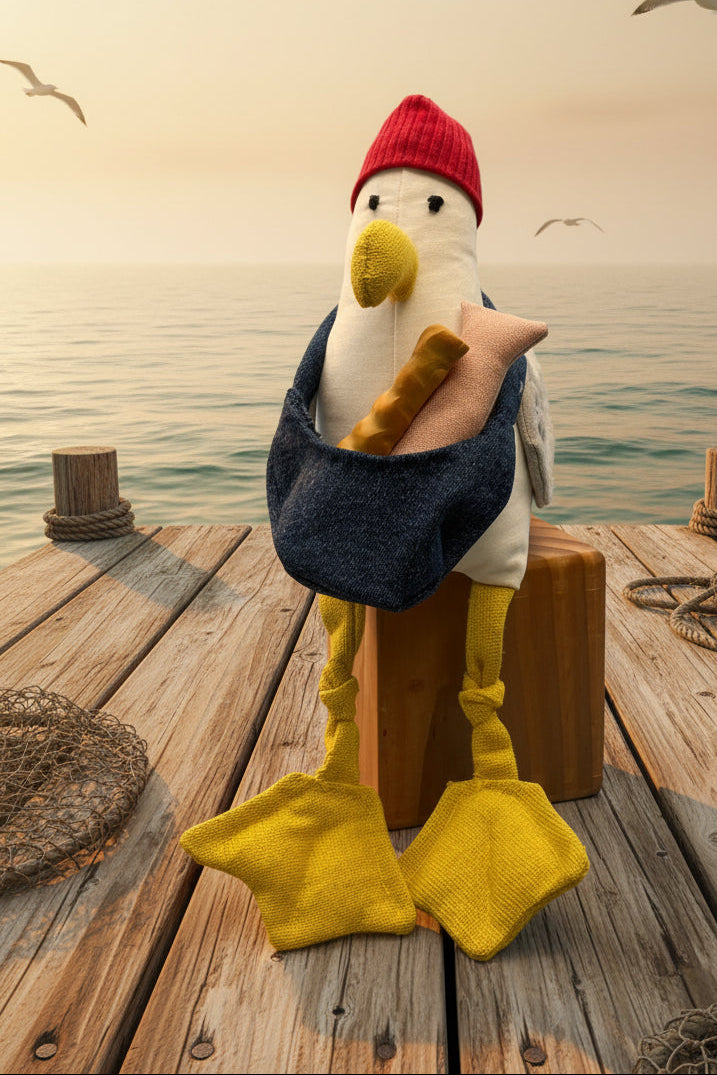 A plush toy seagull wearing a red knit beanie, dark blue sweater, and yellow flippers, holding a pink fish and standing on a fishing dock