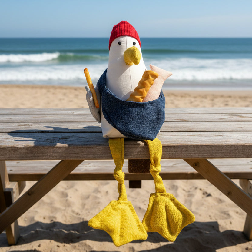 A handmade plush toy of a seagull wearing a red knit beanie, a dark blue sweater, and yellow webbed feet, sitting on a small wooden block against a blue backdrop.
