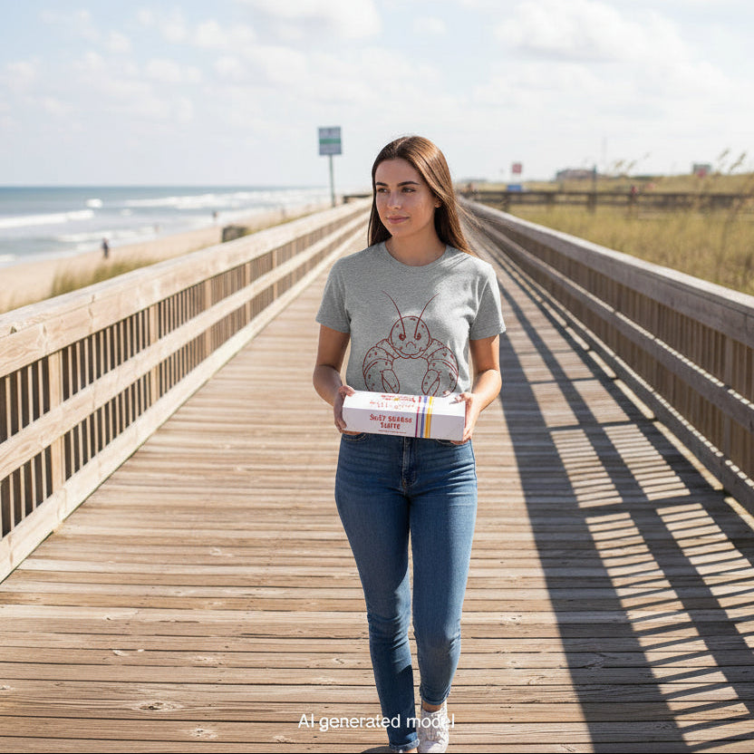 Person holding a box on a wooden boardwalk by the beach