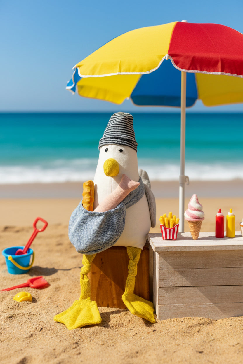 A plush seagull toy sitting on a small wooden block against a bright blue backdrop. The seagull has a white body, yellow beak and feet, a gray sleeve, and a striped gray and white hat, holding a pink pillow.
