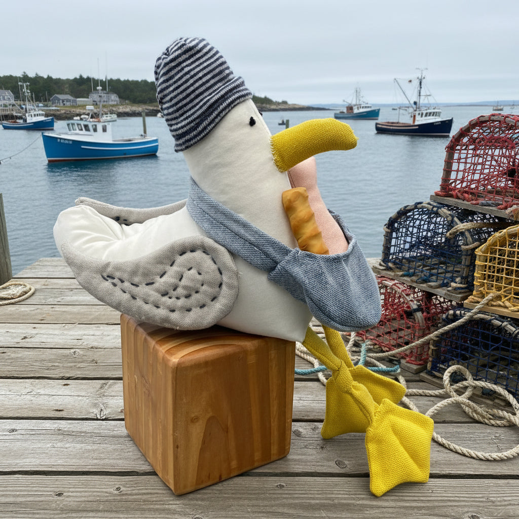 Handmade Stuffed Seagull with Removable Hat, Denim Bag and One Snack