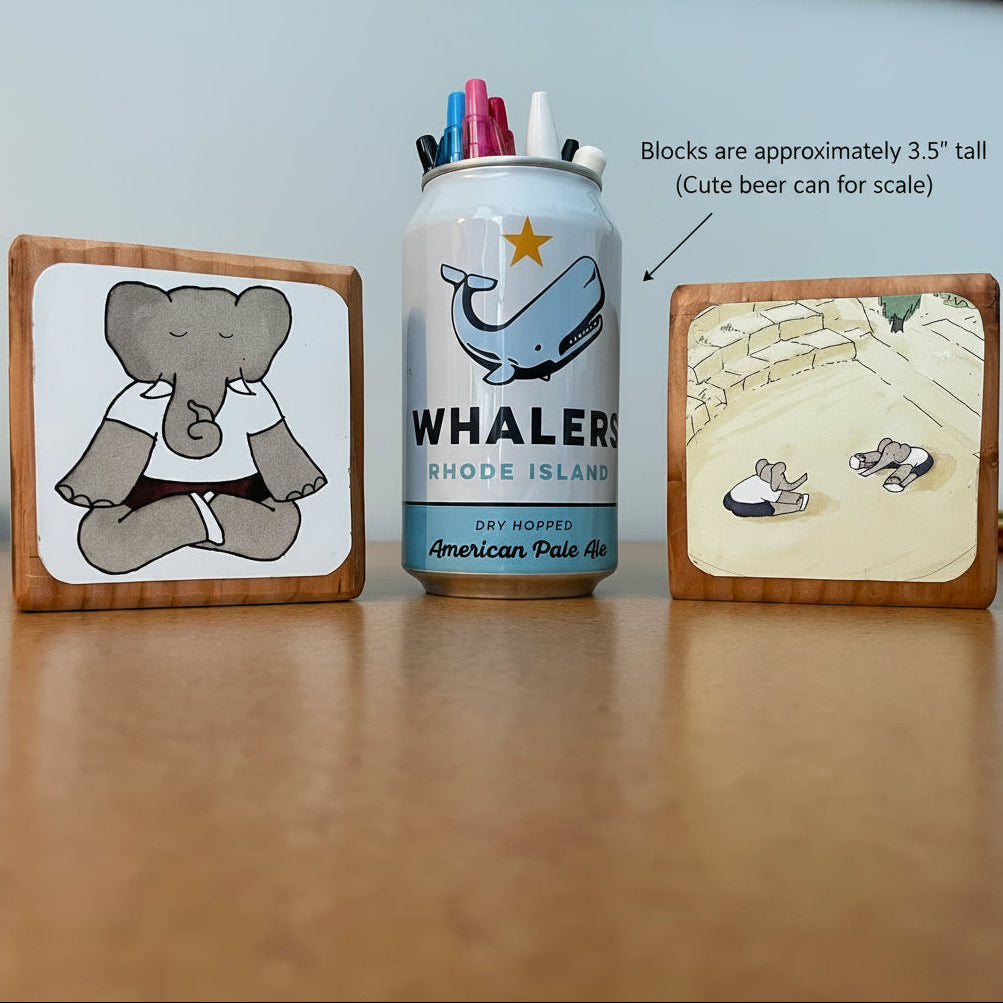 Whaler's beer can with wooden blocks featuring illustrations on a wooden surface.