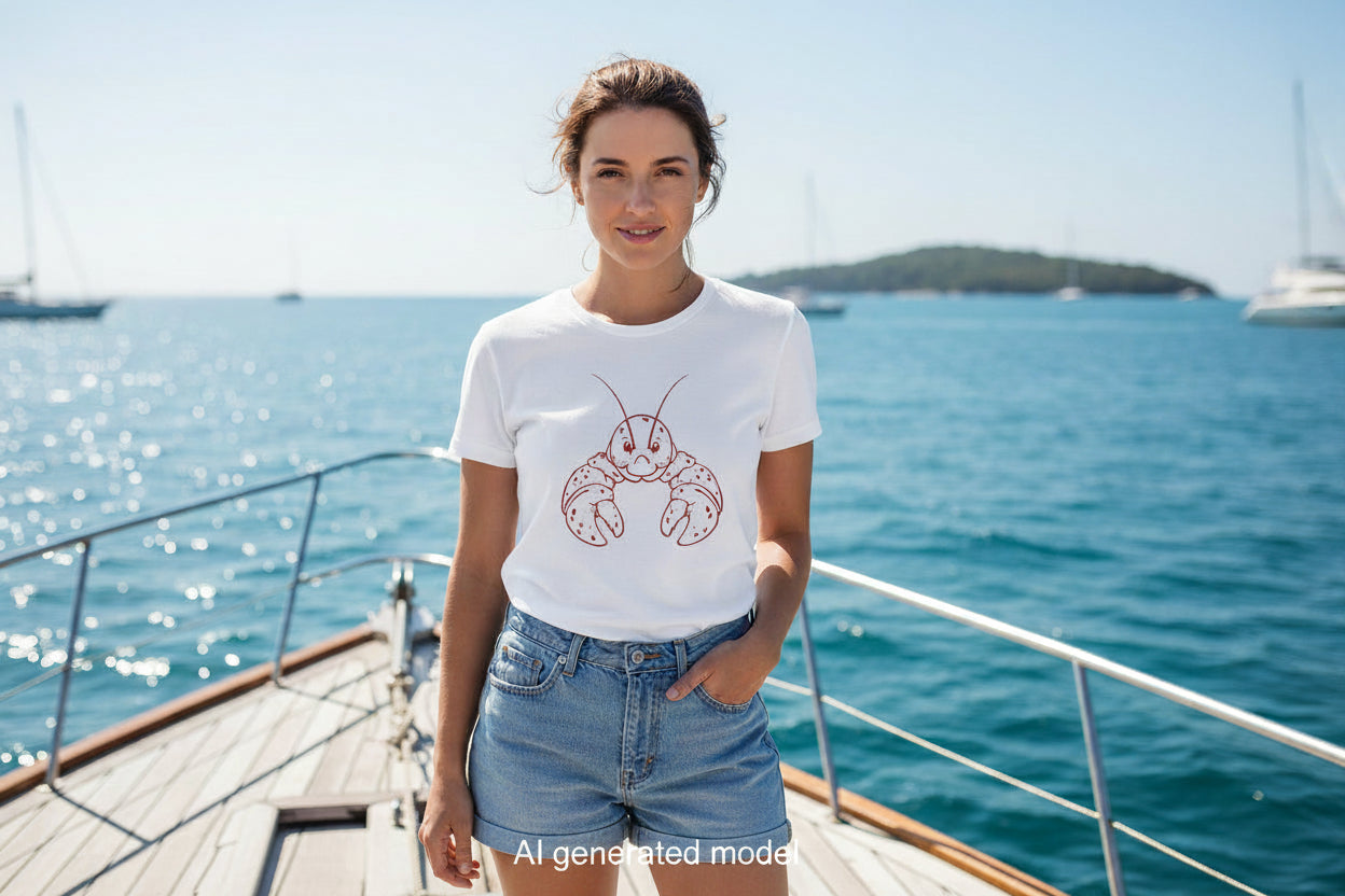Woman wearing a white t-shirt with a lobster design on a boat with ocean view