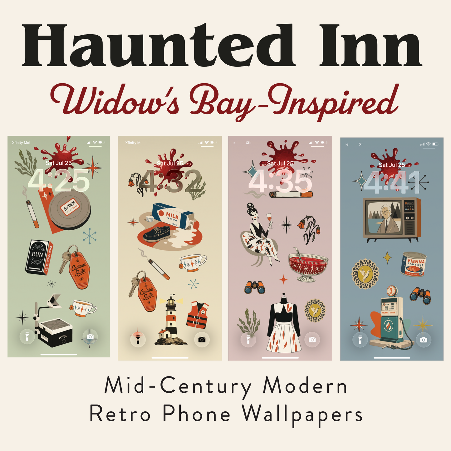 Promotional graphic for four phone wallpaper designs titled 'Haunted Inn Widow's Bay-Inspired' with 'Mid-Century Modern Retro Phone Wallpapers' below. The four vertical panels show illustrated vintage scenes and objects in muted pastel and retro tones: a clock, tape recorder, lighthouse, and retro television.