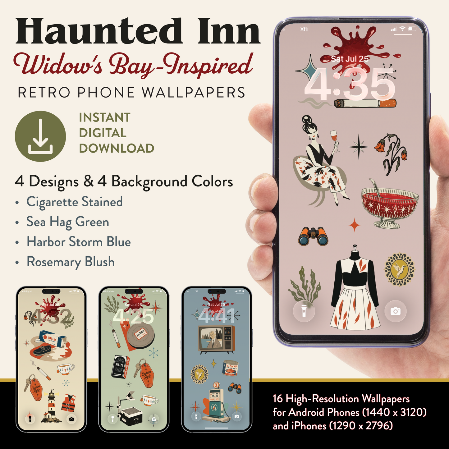 Promotional graphic for 'Haunted Inn Widow's Bay-Inspired Retro Phone Wallpapers' showing a hand holding a smartphone with a beige wallpaper design featuring vintage illustrations and text. The left side lists features like 'Instant Digital Download' and '4 Designs & 4 Background Colors' with smaller previews of the wallpaper designs.