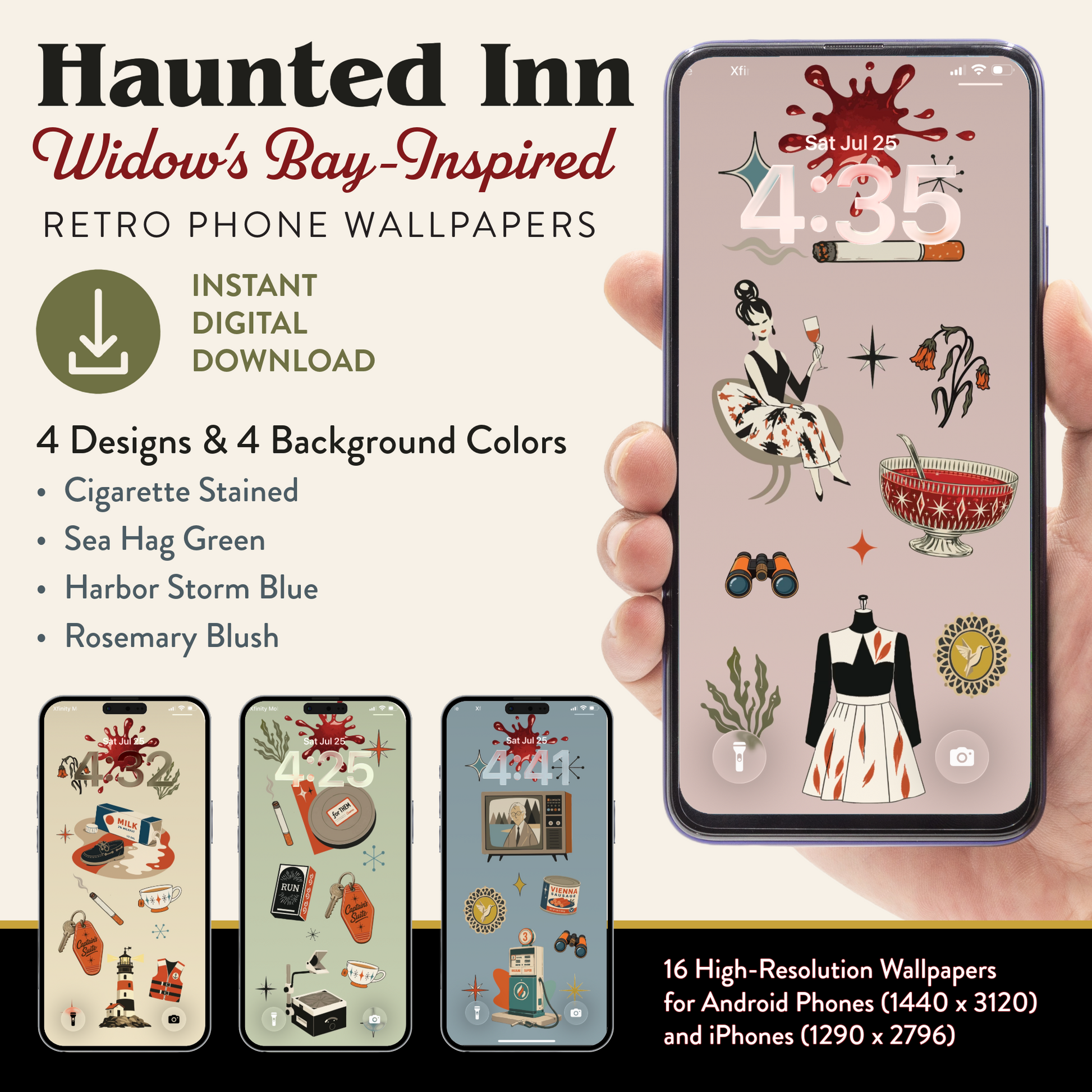 Promotional graphic for 'Haunted Inn Widow's Bay-Inspired Retro Phone Wallpapers' showing a hand holding a smartphone with a beige wallpaper design featuring vintage illustrations and text. The left side lists features like 'Instant Digital Download' and '4 Designs & 4 Background Colors' with smaller previews of the wallpaper designs.
