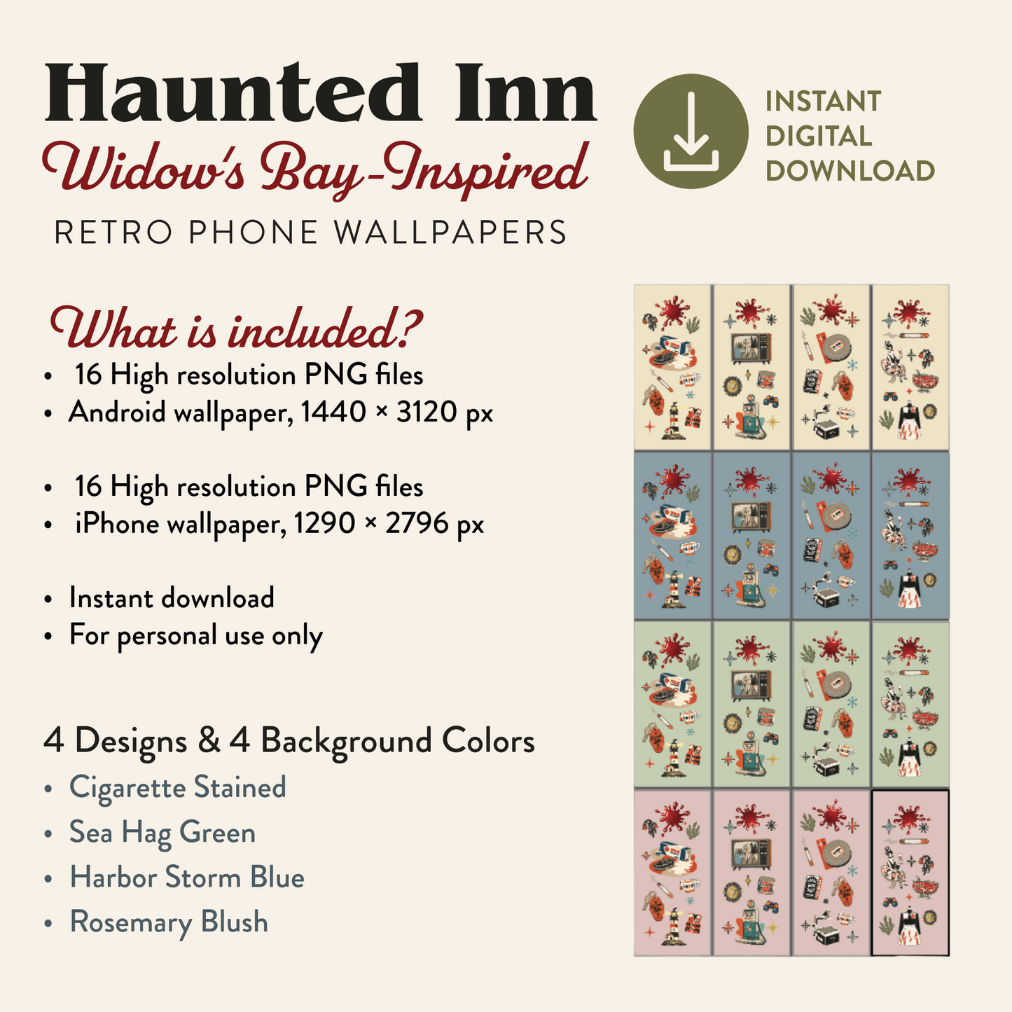 Digital product listing graphic for 'Haunted Inn Widow's Bay-Inspired Retro Phone Wallpapers' showing a preview of four illustrated phone wallpaper designs in muted retro colors, with text detailing included files and background colors.