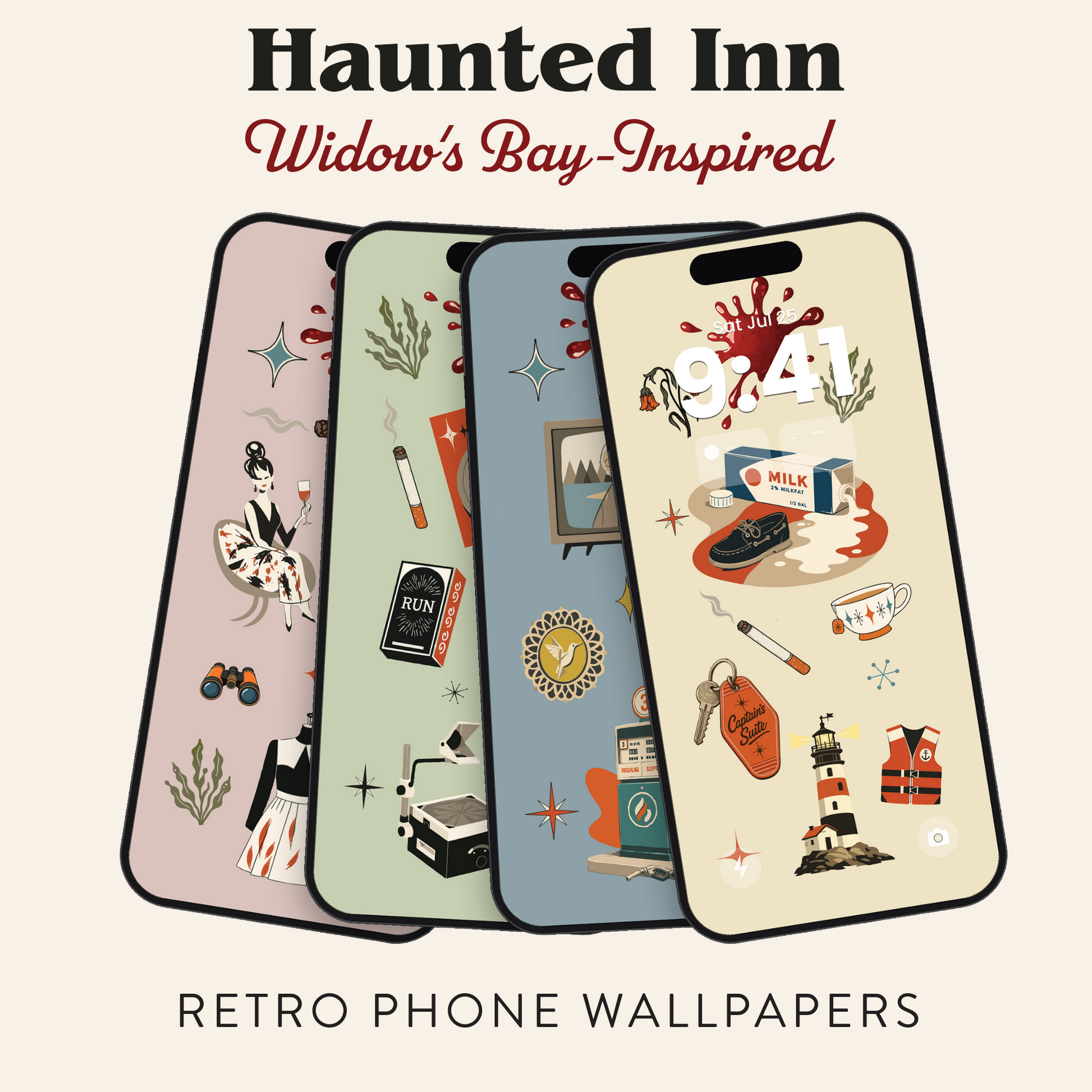 Four illustrated phone wallpaper designs fanned out on a light beige background, with the text 'Haunted Inn' at the top and 'RETRO PHONE WALLPAPERS' at the bottom. The designs feature vintage horror-themed illustrations including a ghost, a revolver, a lighthouse, a potion bottle, and a larkill cup.