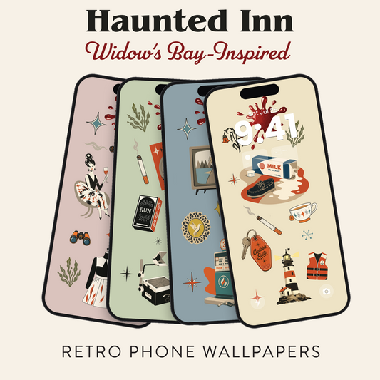 Four illustrated phone wallpaper designs fanned out on a light beige background, with the text 'Haunted Inn' at the top and 'RETRO PHONE WALLPAPERS' at the bottom. The designs feature vintage horror-themed illustrations including a ghost, a revolver, a lighthouse, a potion bottle, and a larkill cup.