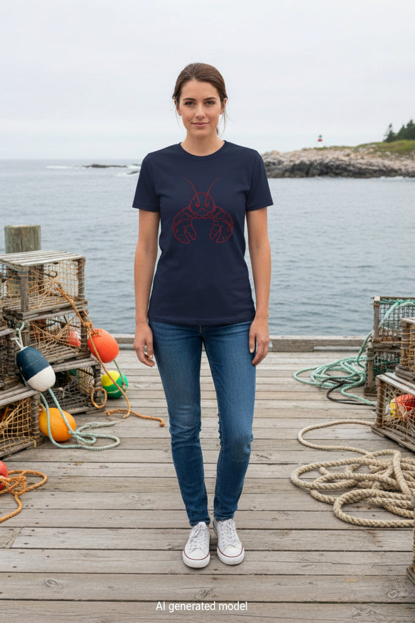 Woman wearing a navy blue t-shirt with a red graphic design, standing on a wooden dock by the water.