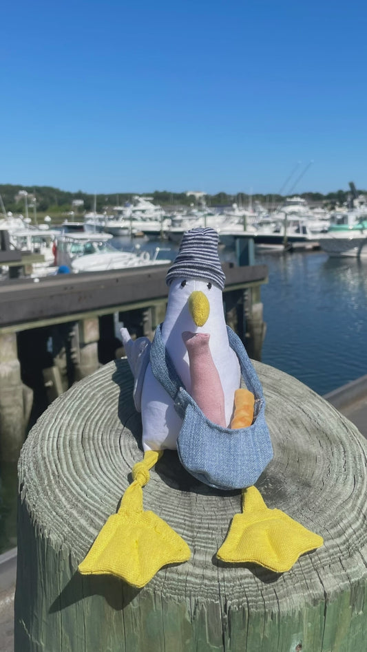 Handmade Stuffed Seagull with Removable Hat, Denim Bag and One Snack