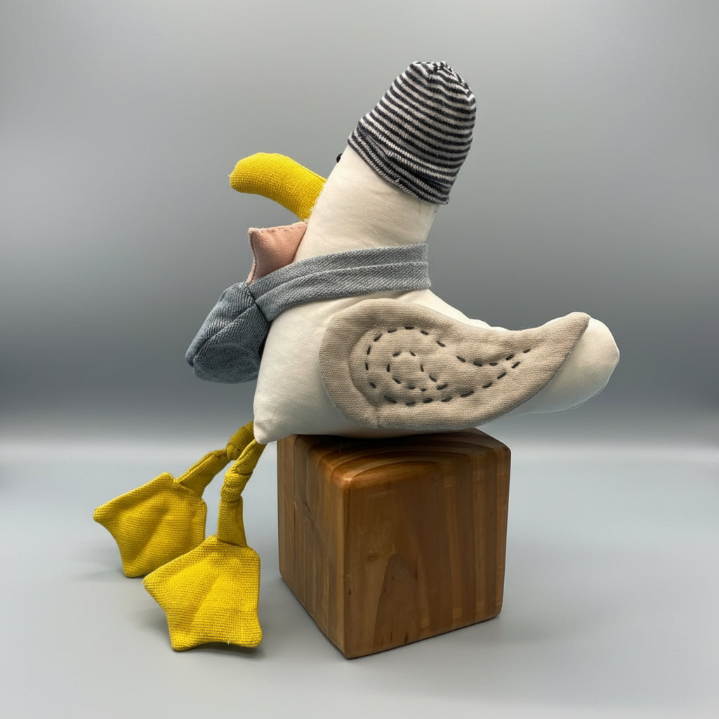 Handmade Stuffed Seagull with Removable Hat, Denim Bag and One Snack